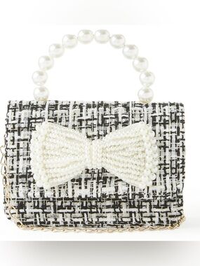 Pearl-Handle Tweed Bow Crossbody Bag - Black & White